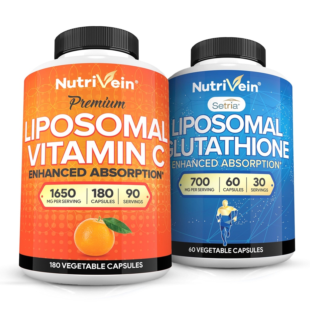 Nutrivein Premium Liposomal Vitamin C 1650mg & Liposomal Glutathione Bundle - Υψηλή απορρόφηση Ασκορβικό οξύ Plus Master Antioxidant & Liver Cleanse - Μη ΓΤΟ, Vegan/Vegetarian - 180 + 60 κάψουλες