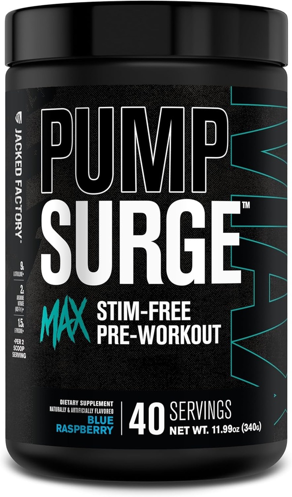 Jacked Factory Pumpsurge Max Stim Free Pre Workout - High-Performance Caffeine Free Pre Workout with L-Citrulline, N03-T Arginine Nitrate & Glutathione - 40 Servings, Blue Raspberry