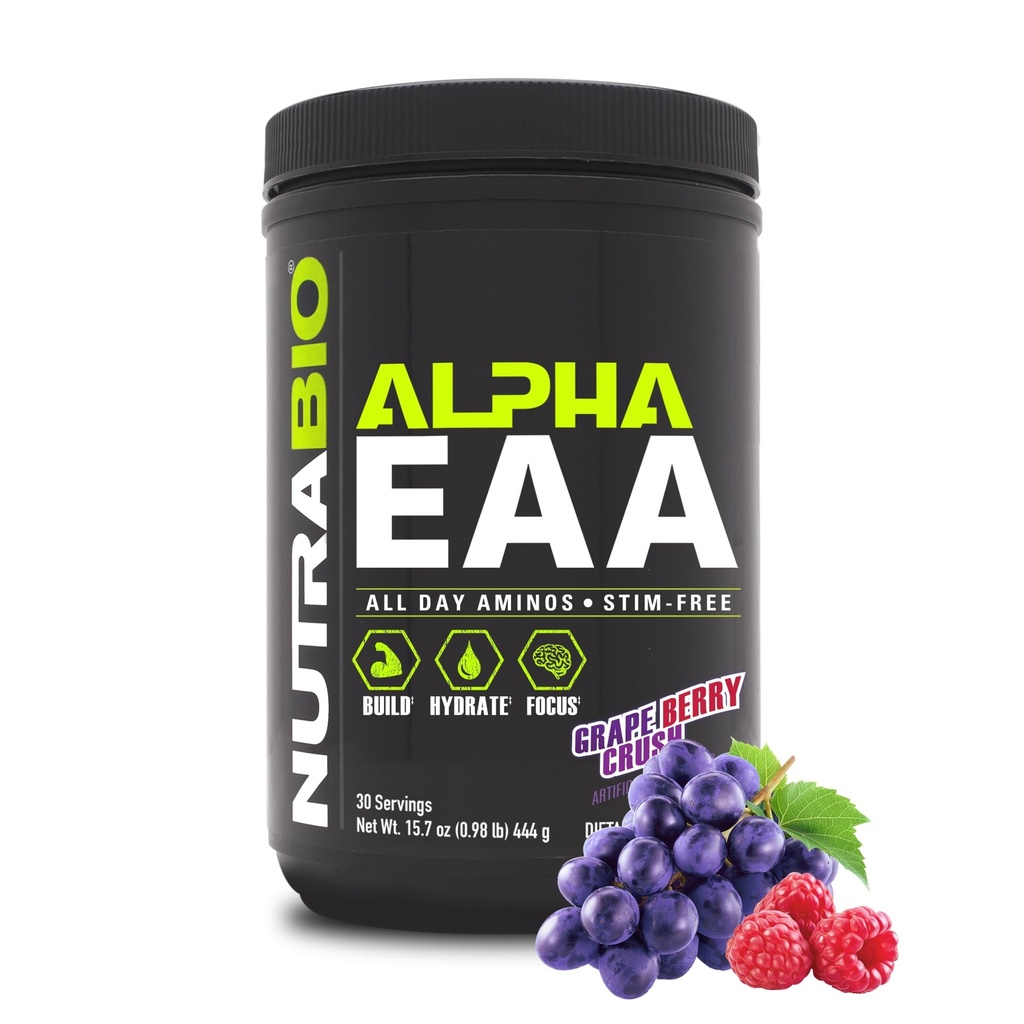 NutraBio Alpha EAA - All-Day Αμινοξέα για την ανάπτυξη των μυών και την ενυδάτωση - Essential Amino Acids with Nootropics & Adaptogens- Full Spectrum EAA BCAA Powder - 30 Servings - Grape Berry Crush