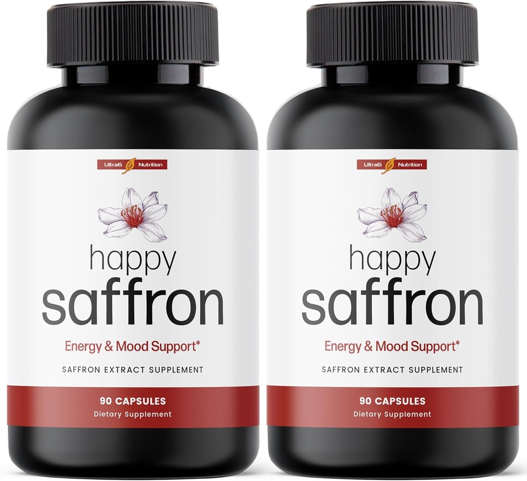 Ultra6 Διατροφή Happy Saffron Συμπληρώματα - 100% Pure Saffron Extract συμπλήρωμα για την υποστήριξη της υγείας των ματιών - Ενισχυτής Mood για γυναίκες & άνδρες (πακέτο των 2)