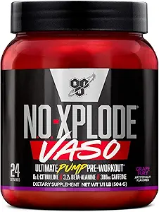 BSN N.O.-XPLODE Vaso Pre Workout Powder with 8g of L-Citrulline and 3.2g Beta-Alanine and Energy, Flavor: Grape Fury, 24 Servings