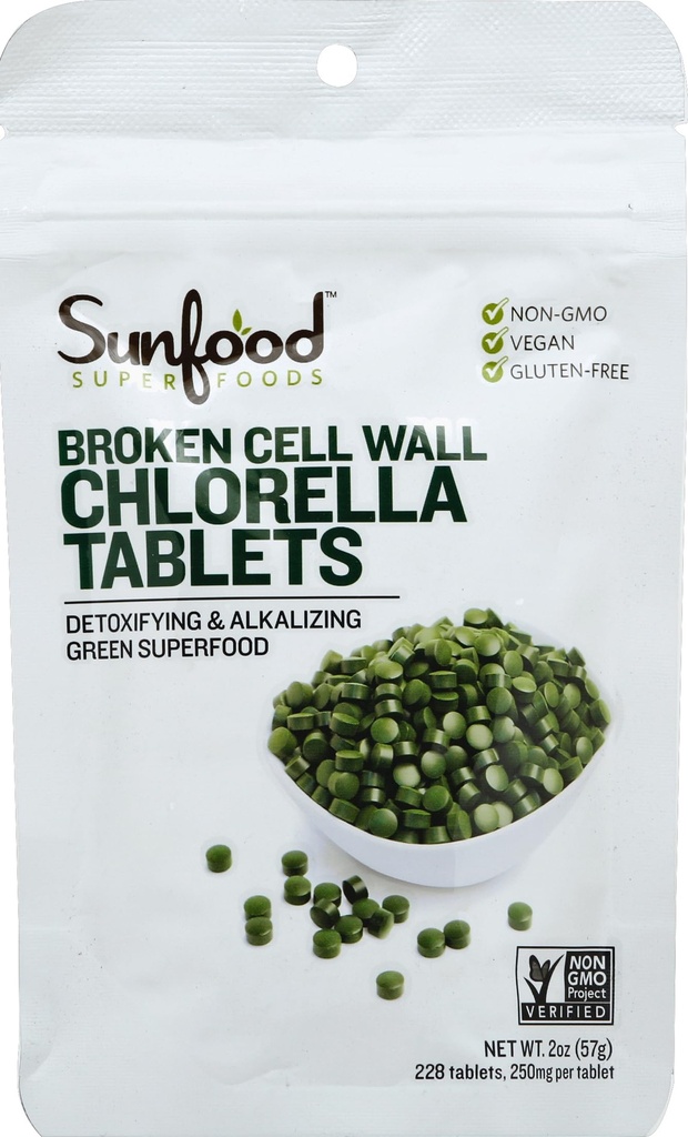 Sunfood Superfoods Chlorella Tablets - Chlorophyl, Chlorella Supplement, Chlorophyll Pills, Caps Scoken Cell Wall Algae, Non GMO, Vegan - 2 oz Bag