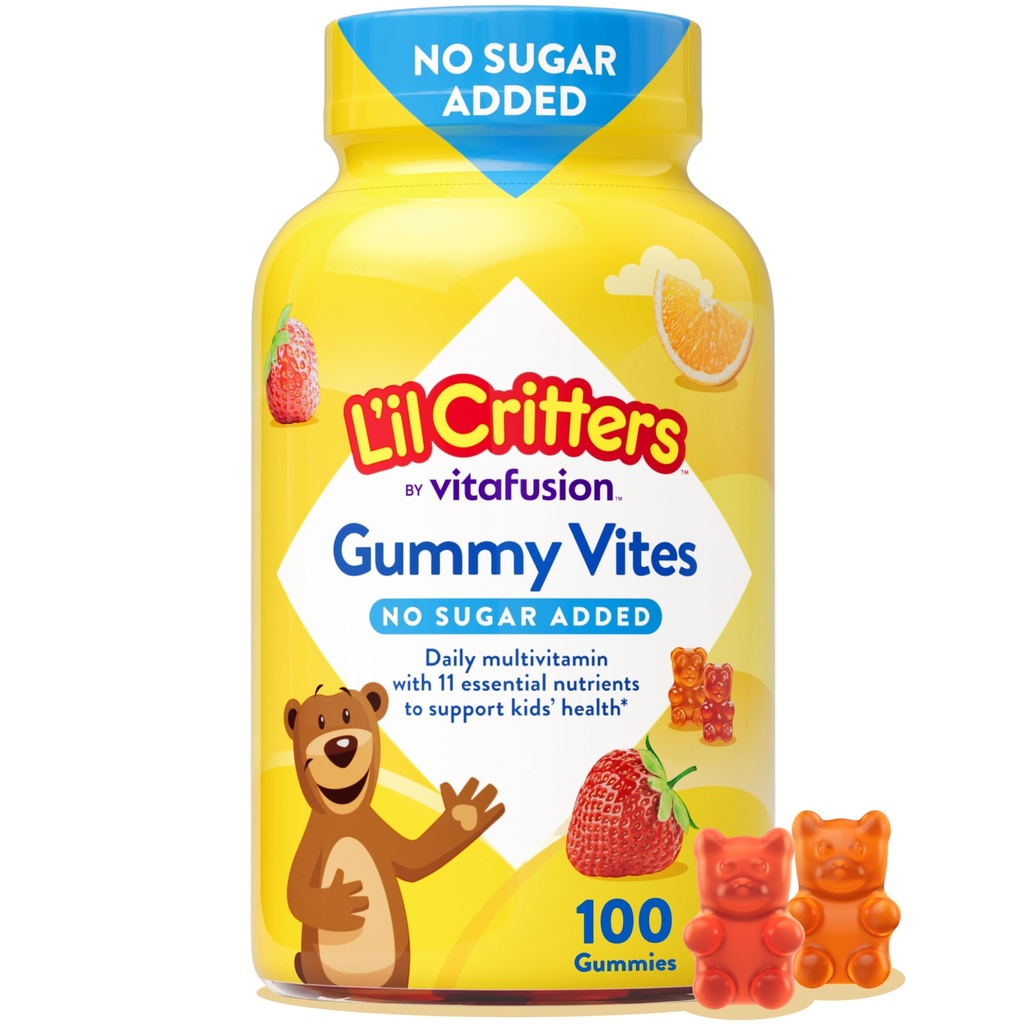 L’il Critters Gummy Vites No Sugar Added Daily Gummy Multivitamin for Ages 2+ Toddlers & Kids, Vitamin C, D3 for Immune, Strawberry and Orange Flavors, 100 Gummies