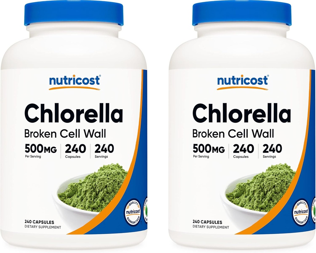 Καψάκια χλωρέλλας με Nutricost (2 φιάλες) 500mg, 240 κάψουλες ανά φιάλη