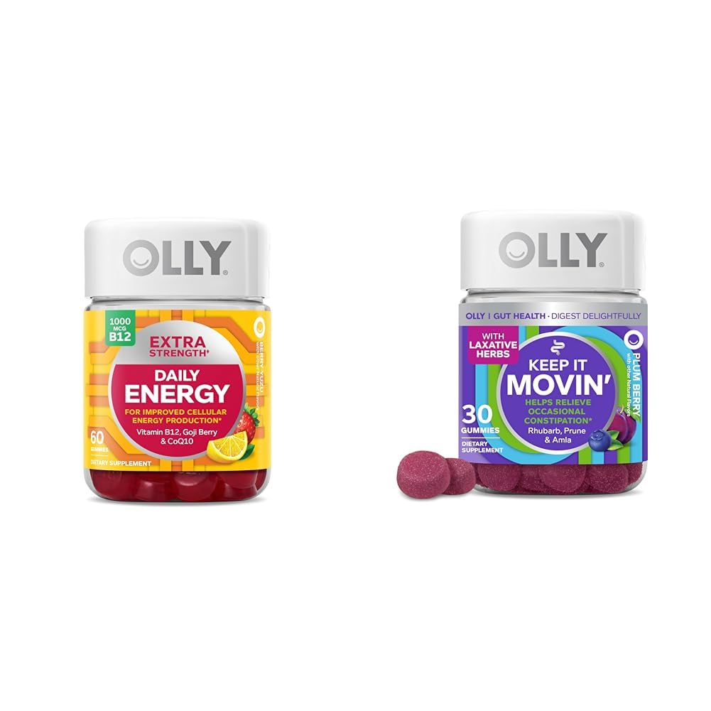 OLLY επιπλέον δύναμη καθημερινή ενέργεια Gummy με βιταμίνη B12, CoQ10, Goji Berry, 60 Count & Keep it Moving Constipation Relief Gummy με Rβέντι, Prunes, Amla, 30 Count