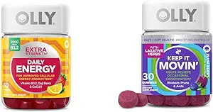 OLLY Extra Strength Daily Energy Gummy with Vitamin B12, CoQ10, Goji Berry, 60 Count & Keep It Moving Constipation Relief Gummy with Rhubarb, Prunes, Amla, 30 Count