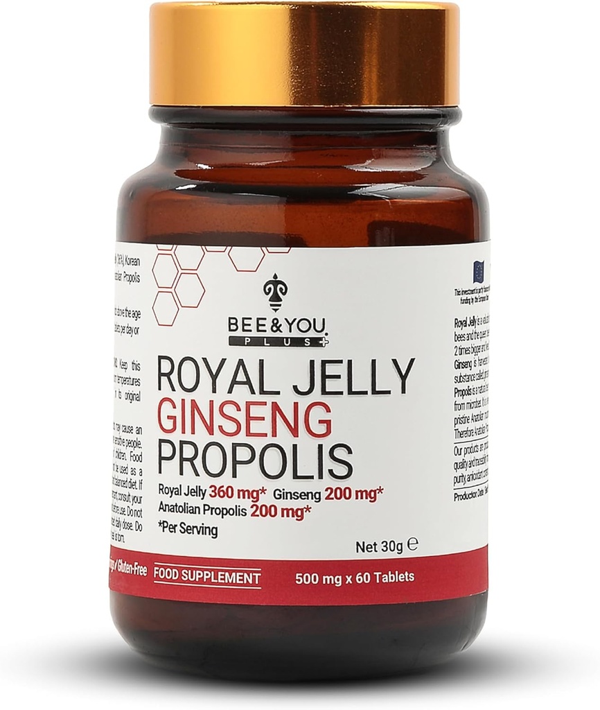 Bee and You Royal Jelly with Ginseng Tablet, Propolis Extract, 60ct, 100% Natural Superfood, Ultra Pure, ανοσοποιητικό συμπλήρωμα υποστήριξης, Αντιοξειδωτικά, Κέτο, Παλαιό, Χωρίς γλουτένη