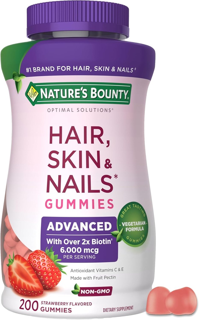 Οι ιδανικές λύσεις της φύσης Advanced Hair, Skin and Nails Pectin Gummies, 2x Biotin Per Serving, No Stick Gummy, Vegetarian Formula, Strawberry Flavor, 200 ct, 100 Total Services