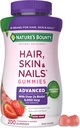 Οι ιδανικές λύσεις της φύσης Advanced Hair, Skin and Nails Pectin Gummies, 2x Biotin Per Serving, No Stick Gummy, Vegetarian Formula, Strawberry Flavor, 200 ct, 100 Total Services