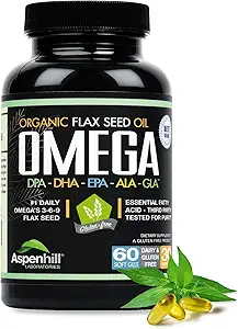 Flax Seed Oil - Omega 3 Super Blend with DPA, EPA, DHA, ALA and GLA with Fish, Borage and Organic Flax Seed Oil - Over 2,400 Milligram Strength - Gluten Free - Made in The USA - 60 SoftGels