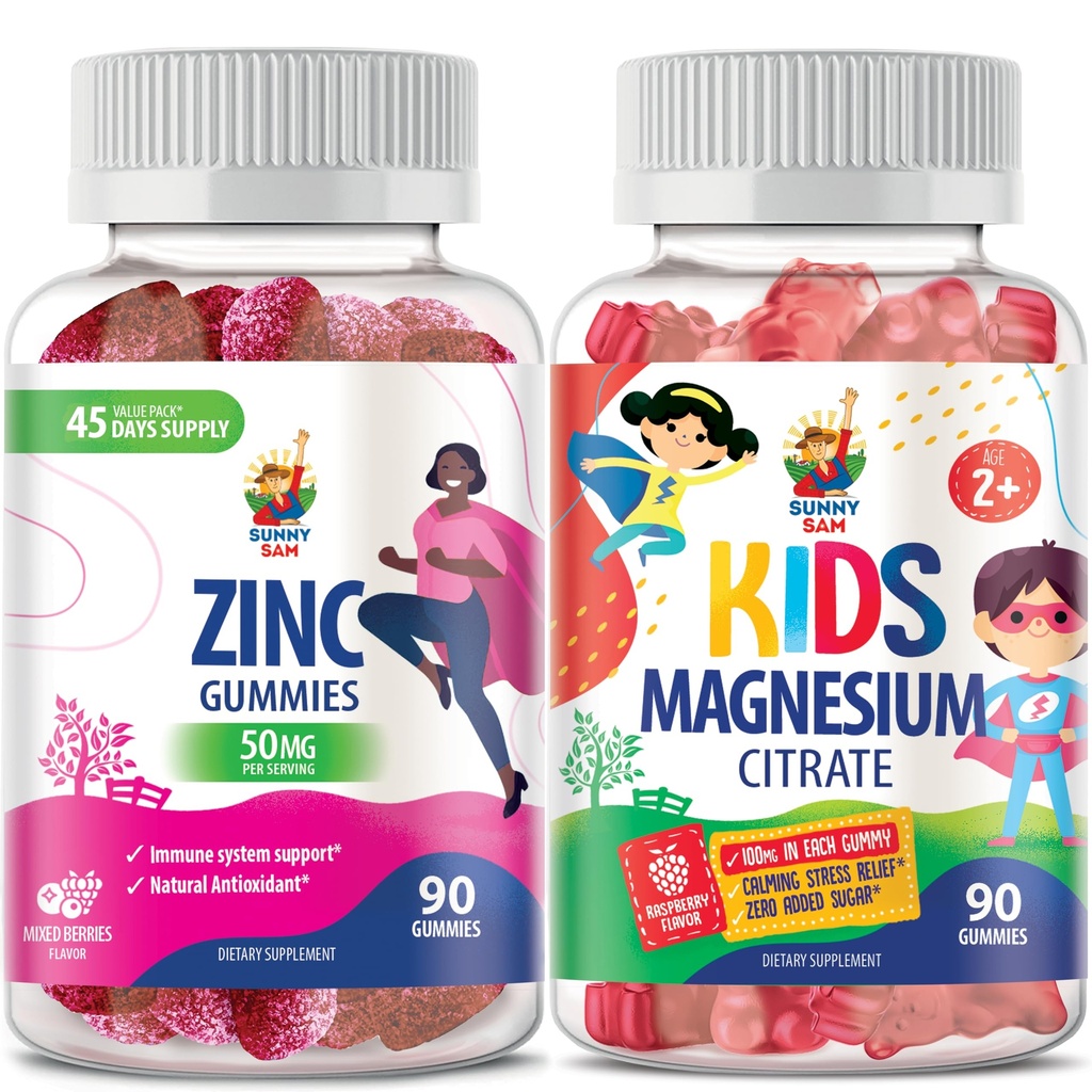SUNNY SAM Gummies ψευδάργυρου για ενήλικες & Μαγνήσιο Gummies για παιδιά & ενήλικες - 100mg - Ήρεμο μαγνήσιο μασήματα