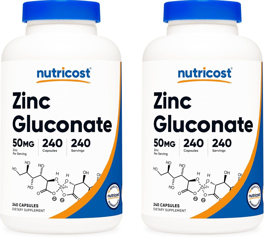 Γλουκονικός ψευδάργυρος Nutricost 240 κάψουλες λαχανικών (50mg) (2 φιάλες) - Χωρίς γλουτένη και μη ΓΤΟ