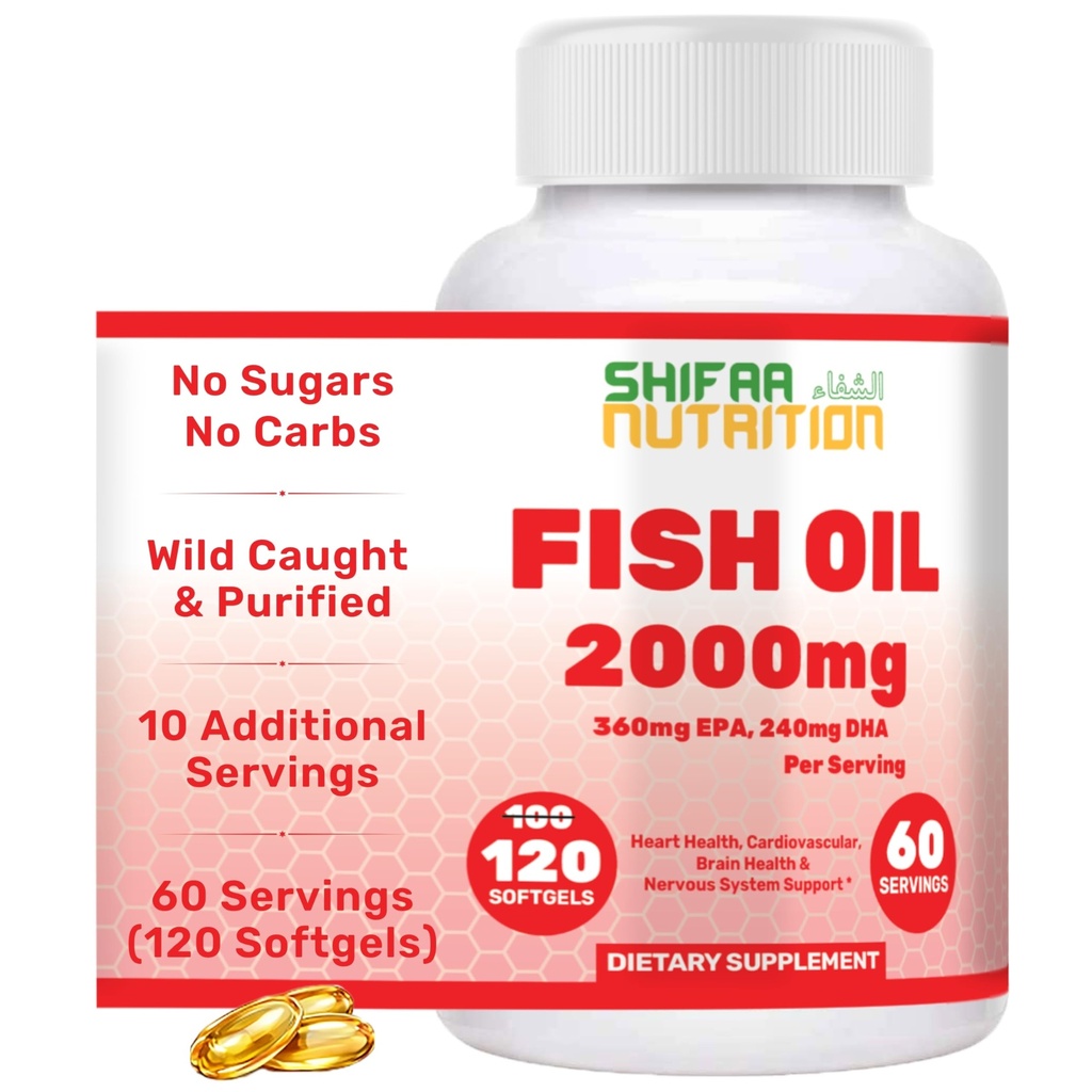 SHIFAA NUTRITION Halal Fish Oil 2000mg Softgels με 360mg EPA & 240mg DHA. 100 Wild Caught & Non-GMO Omega 3 Softgels for Heart & Brain Health. Άψογο, εύκολο να Swallow ιχθυέλαιο Ωμέγα 3 συμπληρώματα