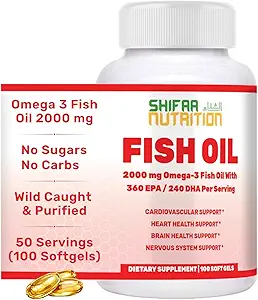 SHIFAA NUTRITION Halal Fish Oil 2000mg Softgels με 360mg EPA & 240mg DHA. 100 Wild Caught & Non-GMO Omega 3 Softgels for Heart & Brain Health. Άψογο, εύκολο να Swallow ιχθυέλαιο Ωμέγα 3 συμπληρώματα