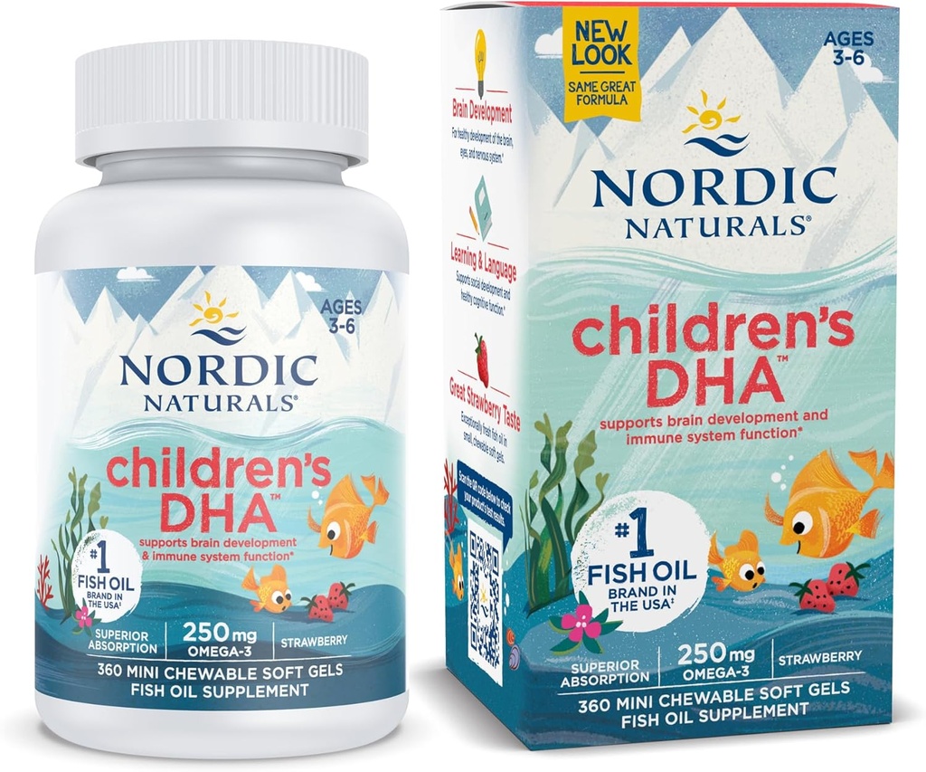 Σκανδιναβικά φυσικά Παιδικά DHA, Φράουλα - 360 Mini Chewable Soft Gels for Kids - 250 mg Omega-3 με EPA & DHA - Ανάπτυξη & Λειτουργία του εγκεφάλου - Μη ΓΤΟ - 90 Servings