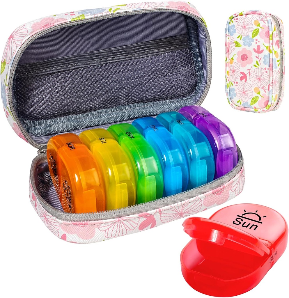 Serfeymi Weekly Travel Pill Organizer 2 φορές A Day AM PM Αναβάθμιση του κιβωτίου 7 ημερών με φορητή θήκη δερμάτινων χαπιών Zipper PU, Medicine Organizer για χάπια, βιταμίνες, ιχθυέλαια - Floral 01