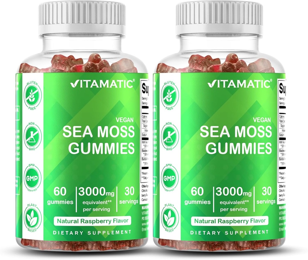 Vitamatic Irish Sea Moss Gummies – 3000 mg Ισοδύναμο ανά υπηρεσία (από το εκχύλισμα 132,5 mg) – 60 Ct – Κατασκευασμένο με Bladderwrack & Burdock Root – 2 Pack
