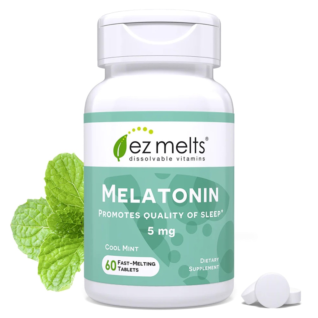 EZ Melts Melatonin - Sleep Support Supplement - No Artificial Flavors - Non-GMO & Sugar-Free - Cool Mint - 60 Dissolvable Tablets (60 Servings)