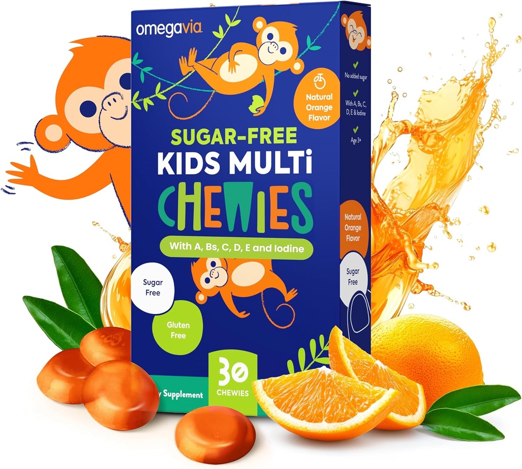 OmegaVia Sugar Free Kids Multivitamin Chewies - Daily Chewable Gummy Vitamins for Kids 3+, Vitamin A, C, D3, E, B6 & B12, Folate & More, Φυσική γεύση πορτοκαλιού, 30 Count