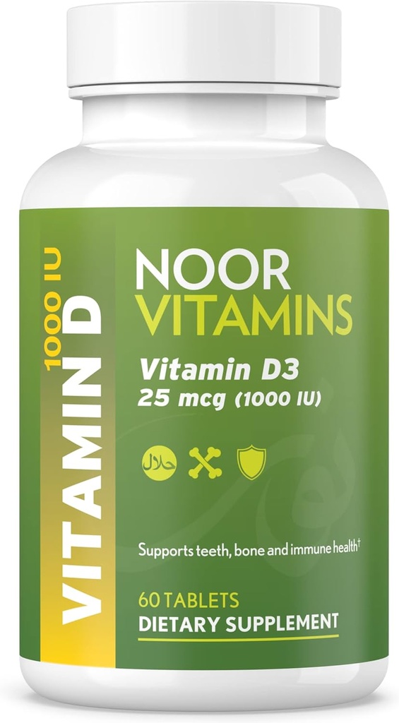 Noor Βιταμίνες Halal Vitamin D, Halal Vitamin D3, 1000 IU Tablets, Υποστηρίζει την υγεία των οστών, του ανοσοποιητικού και της καρδιάς, μη GMO, Gluten Free & Hanal (60 Count)