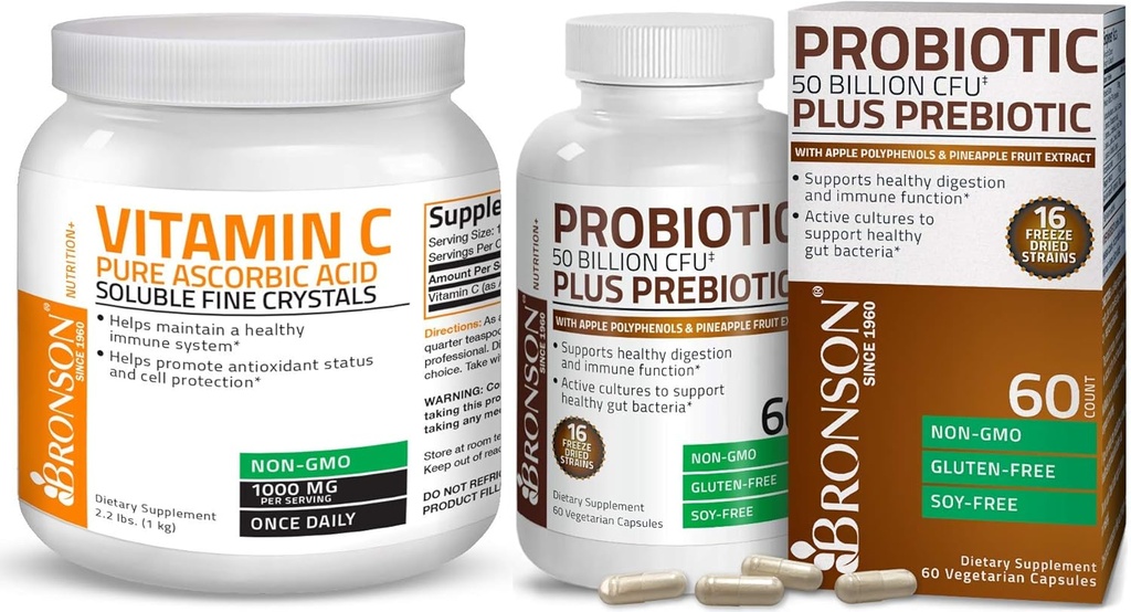 Bronson Probiotic 50 Δισεκατομμυρίων CFU + προβιοτικό με πολυφαινόλες της μήλου & εκχύλισμα φρούτων ανανά Βιταμίνη C σκόνη καθαρό ασκορβικό οξύ Διαλυτά λεπτά μη GMO κρύσταλλα