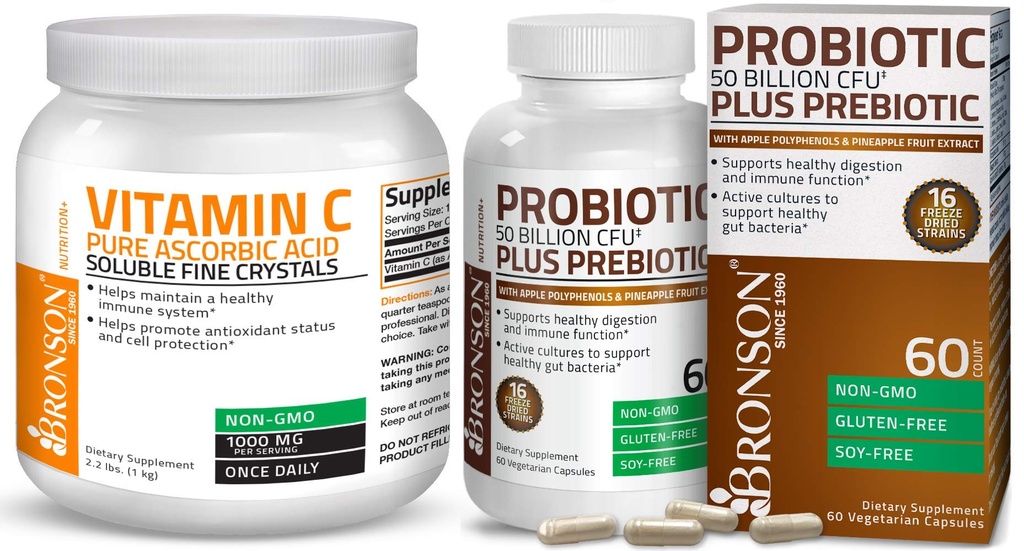 Bronson Probiotic 50 Δισεκατομμυρίων CFU + προβιοτικό με πολυφαινόλες της μήλου & εκχύλισμα φρούτων ανανά Βιταμίνη C σκόνη καθαρό ασκορβικό οξύ Διαλυτά λεπτά μη GMO κρύσταλλα