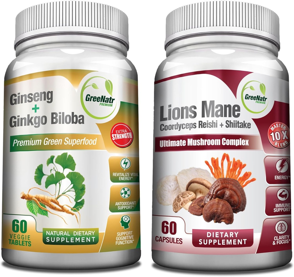 GreeNatr Mushroom Supplement, 10-σε-1 Blend with Lions Mane, Cordyceps, Shiitake, Chaga, Turkey Tail, Σε συνδυασμό με την ενέργεια και το μυαλό μας Focus Natural Booster της ρίζας Ginseng και Ginkgo Biloba