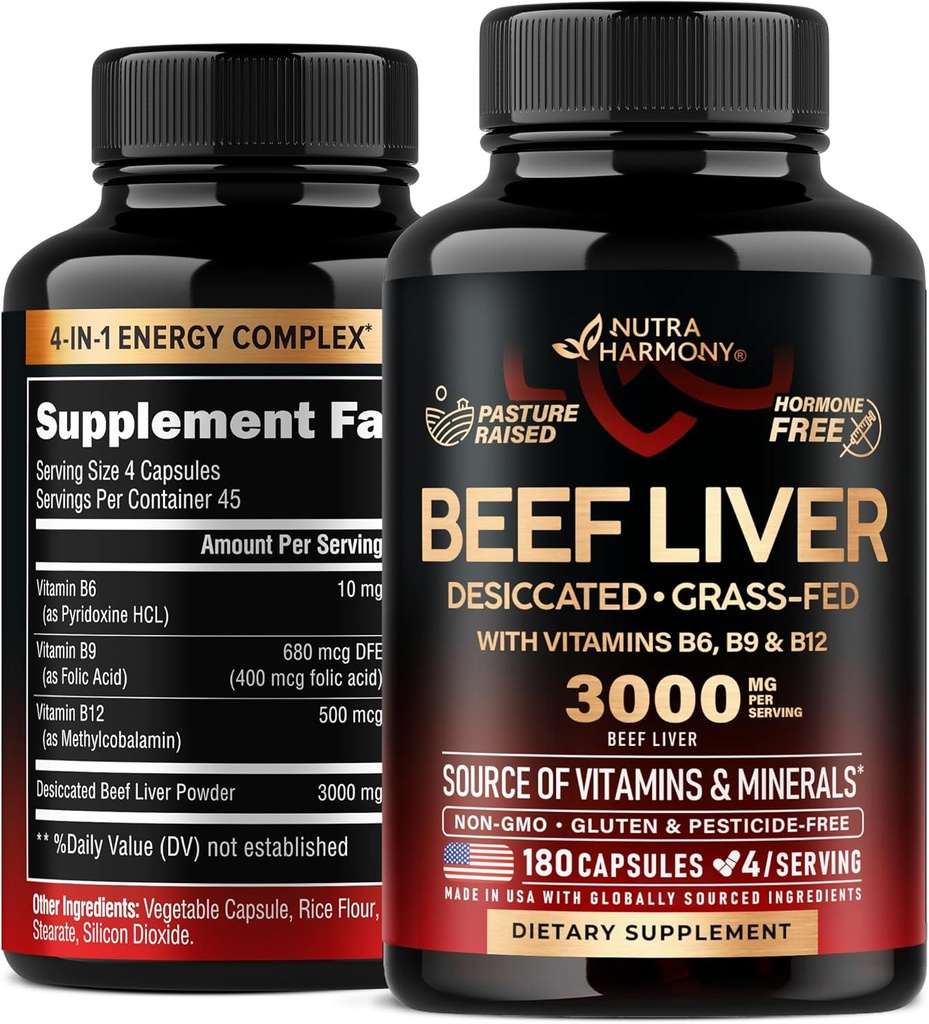 Beef Liver Capses 3000 mg - Βιολογικό αποξηραμένο συκώτι βοείου κρέατος - Grass-Fed, φυτοφάρμακο χωρίς πάστα Αυξημένο - Για την ενέργεια, τον εγκέφαλο, την εστίαση και τη διάθεση, το δέρμα & την υποστήριξη των μαλλιών - με βιταμίνη B-Complex - 180 κάψουλες
