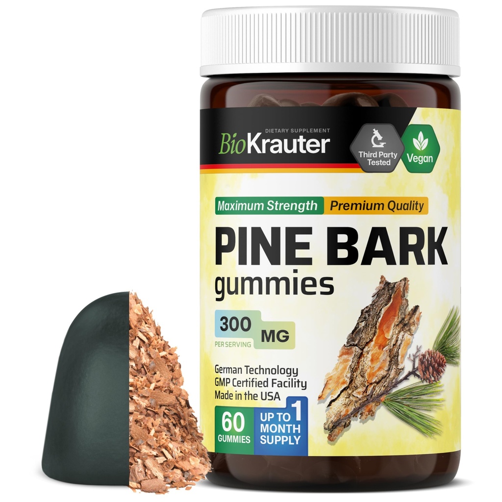 BIO KRAUTER Pine Bark Extract Gummies - 300 mg Δύναμη - 60 Vegan Chews - Γαλλικό Maritime Pine Bark Extract - Αντιοξειδωτικό συμπλήρωμα - 95% Proanthocyanidins - Pectin-based Formula