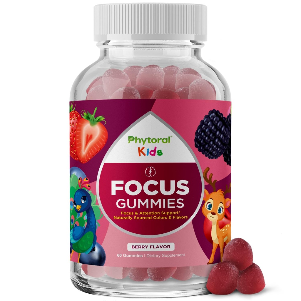 Phytoral Vegan Kids Focus Gummies - Ισχυρή Μασώμενη υποστήριξη εγκεφάλου για τα παιδιά - Ενισχύει τη συγκέντρωση & τη μνήμη - Συμπληρώματα χαλάρωσης & Focus Gummies για τα παιδιά - Μη ΓΤΟ & Χωρίς γλουτένη - 60 Count