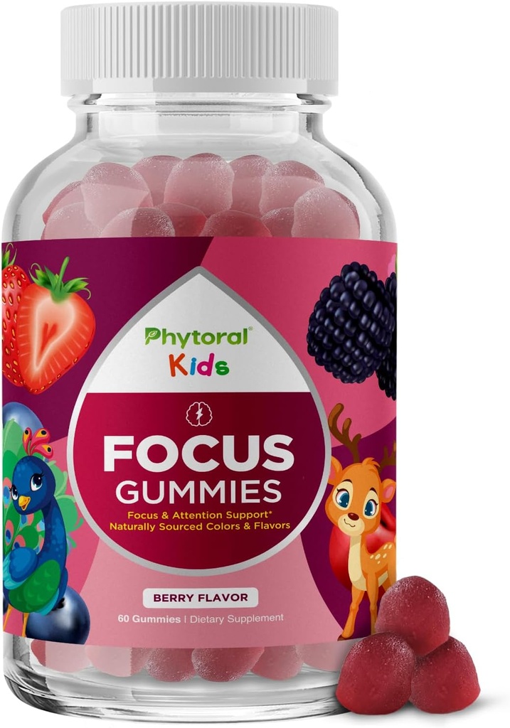 Phytoral Vegan Kids Focus Gummies - Ισχυρή Μασώμενη υποστήριξη εγκεφάλου για τα παιδιά - Ενισχύει τη συγκέντρωση & τη μνήμη - Συμπληρώματα χαλάρωσης & Focus Gummies για τα παιδιά - Μη ΓΤΟ & Χωρίς γλουτένη - 60 Count
