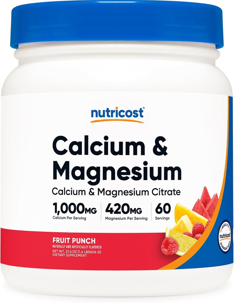 Nutricost σκόνη μαγνησίου ασβεστίου (Fruit Punch, 60 σέρβις) - υποστήριξη οστών, μη ΓΤΟ, χωρίς γλουτένη (από κιτρικό ασβέστιο και κιτρικό μαγνήσιο)