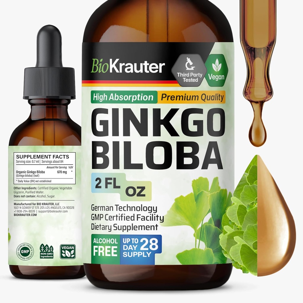 BIO KRAUTER Ginkgo Biloba Extract - Υγρό Ginkgo Biloba Συμπληρώματα για τον εγκέφαλο - Vegan, Αλκοόλ & Ζάχαρη Χωρίς - 2 Fl Oz