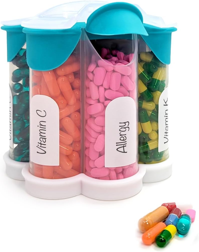 Extra Large Pill Organizer Daily, Weekly, Monthly Supplement Bottle, Cute Blossom Pill Dispenser with 7 XL Compartments, Easy-Open Pill Box for Vitamins, Medications, Labels Included (Teal)