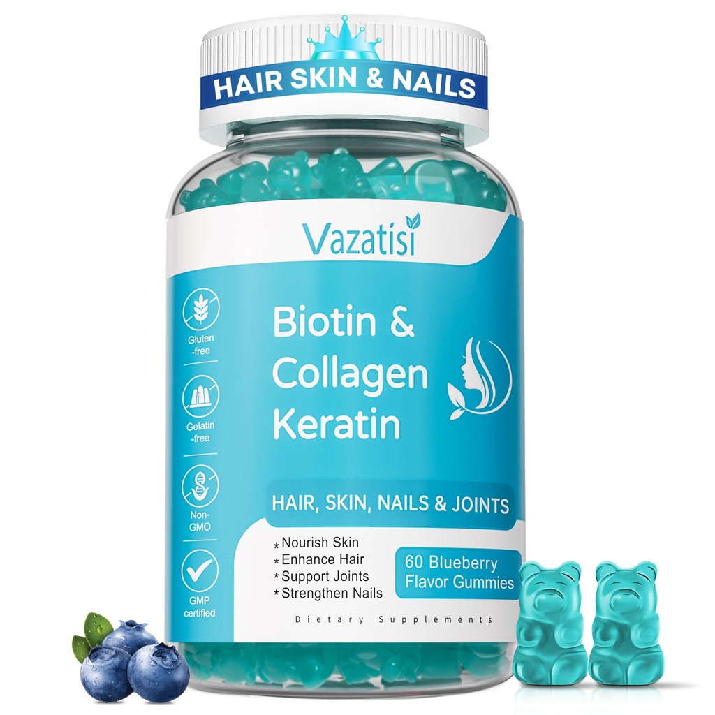 Biotin Gummies με κολλαγόνο & κερατίνη για τα νύχια του δέρματος των μαλλιών-υποστηρίζει την ανάπτυξη των μαλλιών και ισχυρότερη νύχια, γυναίκες άνδρες, παιδιά - 60 gummies με άρωμα βατόμουρο