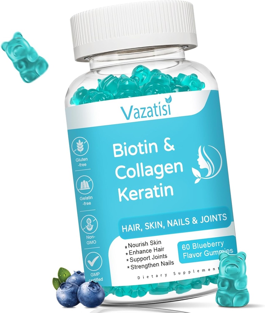 Biotin Gummies με κολλαγόνο & κερατίνη για τα νύχια του δέρματος των μαλλιών-υποστηρίζει την ανάπτυξη των μαλλιών και ισχυρότερη νύχια, γυναίκες άνδρες, παιδιά - 60 gummies με άρωμα βατόμουρο