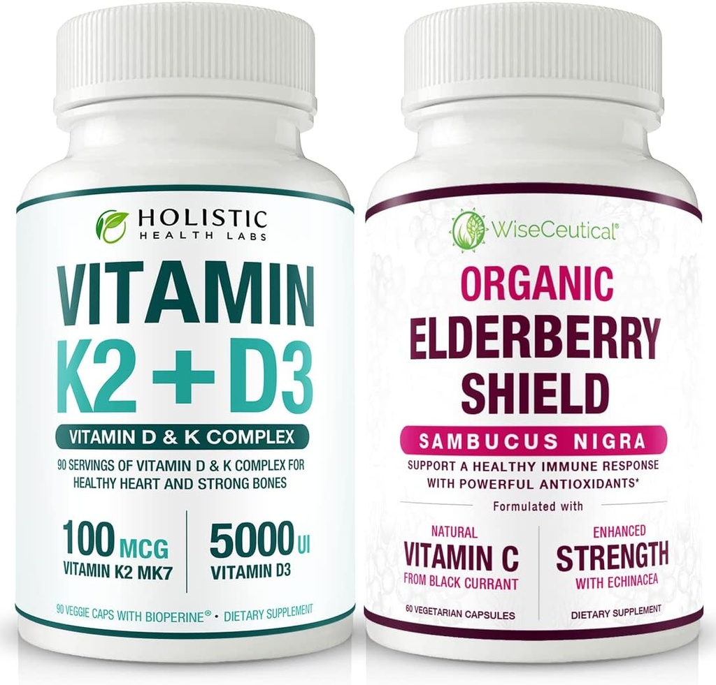 Max Absorption Vitamin K2 + D3 & Organic Elderberry with Black Currant and Echinacea | Bone Strength & Calcium Absorption | Immune Support