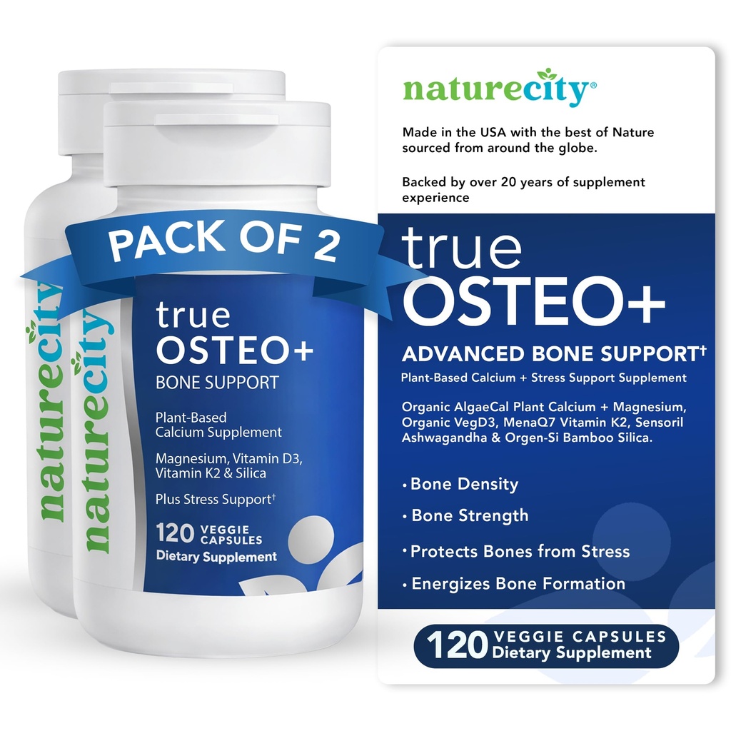 NatureCity True-Osteo+ Υποστήριξη των οστών με Ashwagandha – για τη δύναμη και την πυκνότητα – Φυτοβασισμένο ασβέστιο με οργανική άλγηCal, μαγνήσιο, βιταμίνη D3, K2, Silicon & Stress Υποστήριξη 