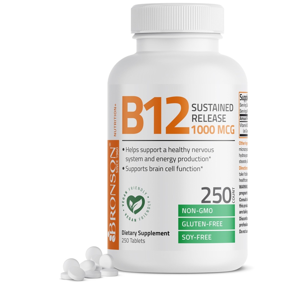 Bronson Βιταμίνη B12 1000 mcg Παρατεταμένη απελευθέρωση Premium Μη ΓΤΟ Τα δισκία υποστηρίζουν το νευρικό σύστημα, την υγιή λειτουργία του εγκεφάλου και την παραγωγή ενέργειας, 250 Count
