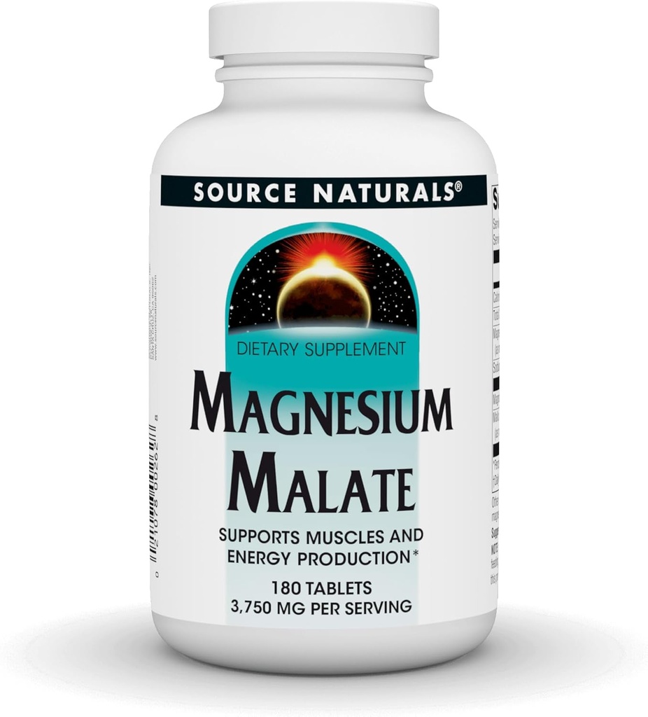 Source Naturals Μαγνήσιο Μηλεϊκό - 3750mg ανά σερβίρισμα - Essential Μαγνήσιο Συμπλήρωμα Μαλικού Οξέως - 180 δισκία