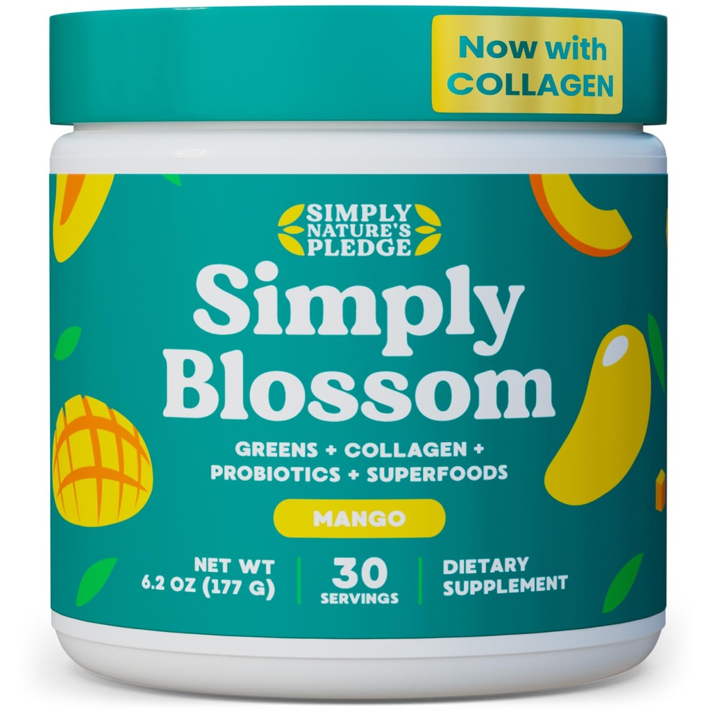 Απλά Blossom Διατροφή Daily Greens & Superfood Powder + Collagen + Probiotics for Women's Digestive Health & Bloating Relief. Βοήθεια για την υγεία σας Bloom - 30 ημέρες προσφοράς - Mango