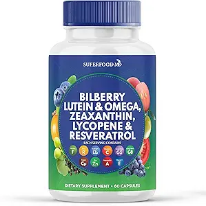 Superfood MD Eye Health Vitamins with Bilberry Lutein & Zeaxanthin Lycopene Resveratrol Grape Seed Extract Astaxanthin- AREDS 2 - Eye Vitamin - 60 Capsules