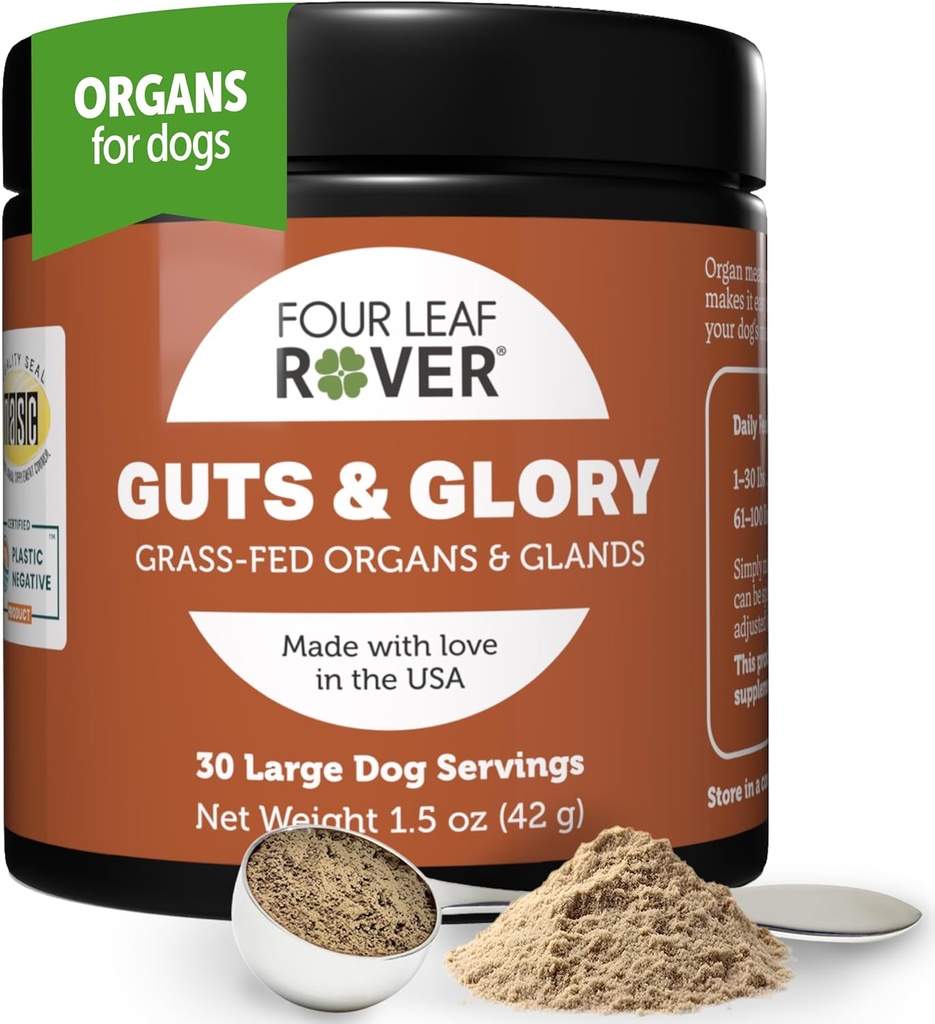 Four Leaf Rover Guts & Glory - Freeze Dried Organs for Dogs - with 100% Grass-Fed New Zealand Beef - Rich in Minerals - Veterinarian Formulated - 30 Large Dog Servings