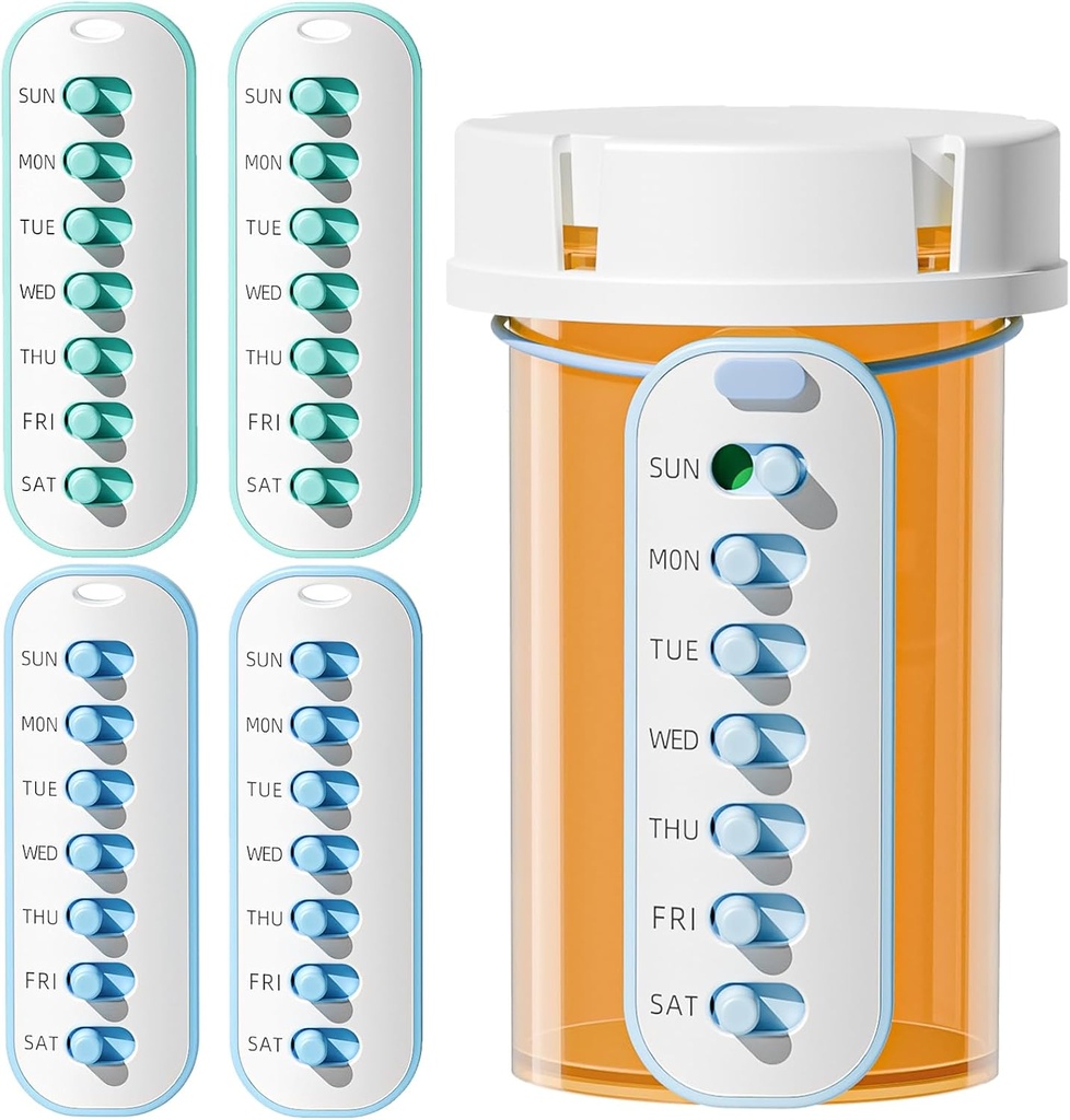 Odaro 4 Pack Pill Reminder, Lanyad or Sticker Pill Tracker, Work with Most Bottles, Reusable Medication Tracker Replacement of Vitamin Weekly (7 Day) Medicine Organizer