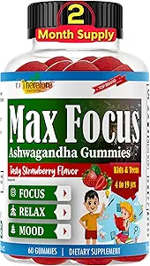 Ως εκ τούτου Max Focus Ashwagandha Calm & Focus Gummies για τα παιδιά & εφήβους, Υποστήριξη ήρεμη διάθεση, χαλάρωση, Αντι άγχος, μνήμη, ενέργεια, χαλάρωση, χαμηλή ζάχαρη Vegan, φρουτώδη γεύση- 60 Gummies