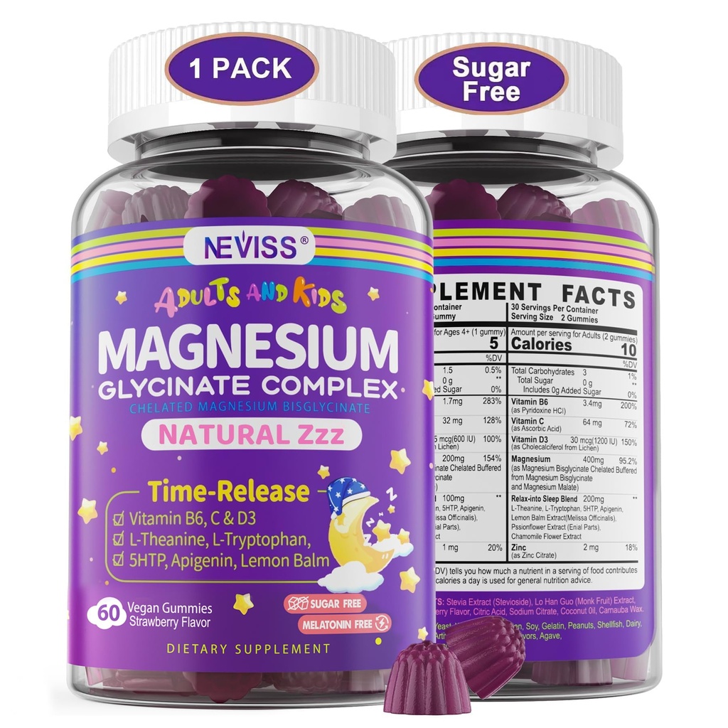 Γλυκινικό μαγνήσιο Glycinate Gummies για ενήλικες & παιδιά 4+, χωρίς ζάχαρη Μαγνήσιο Bisglycinate συμπλήρωμα 400/200mg με B6D3, 5HTP, L-Θεανίνη για ύπνο & χαλάρωση, εγκέφαλος, μύες, Melatonin Free Gummies,1Pack