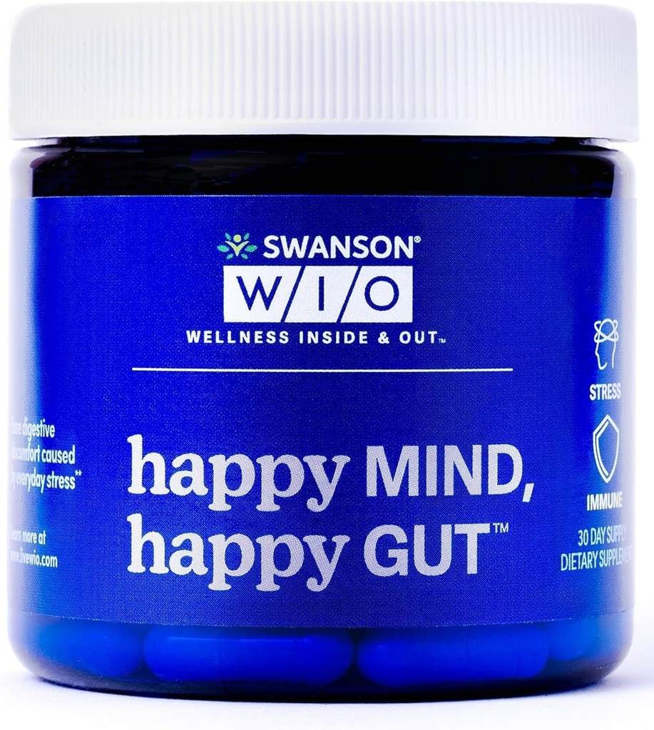 Swanson WIO Happy Mind, Happy Gut Stress Support, Digestive Support, Probiotics Promote Gut Microflora, Better, Γνωστική Υγεία, Ευεξία, 30 Κάψουλες Veggie (30-Day Supply)