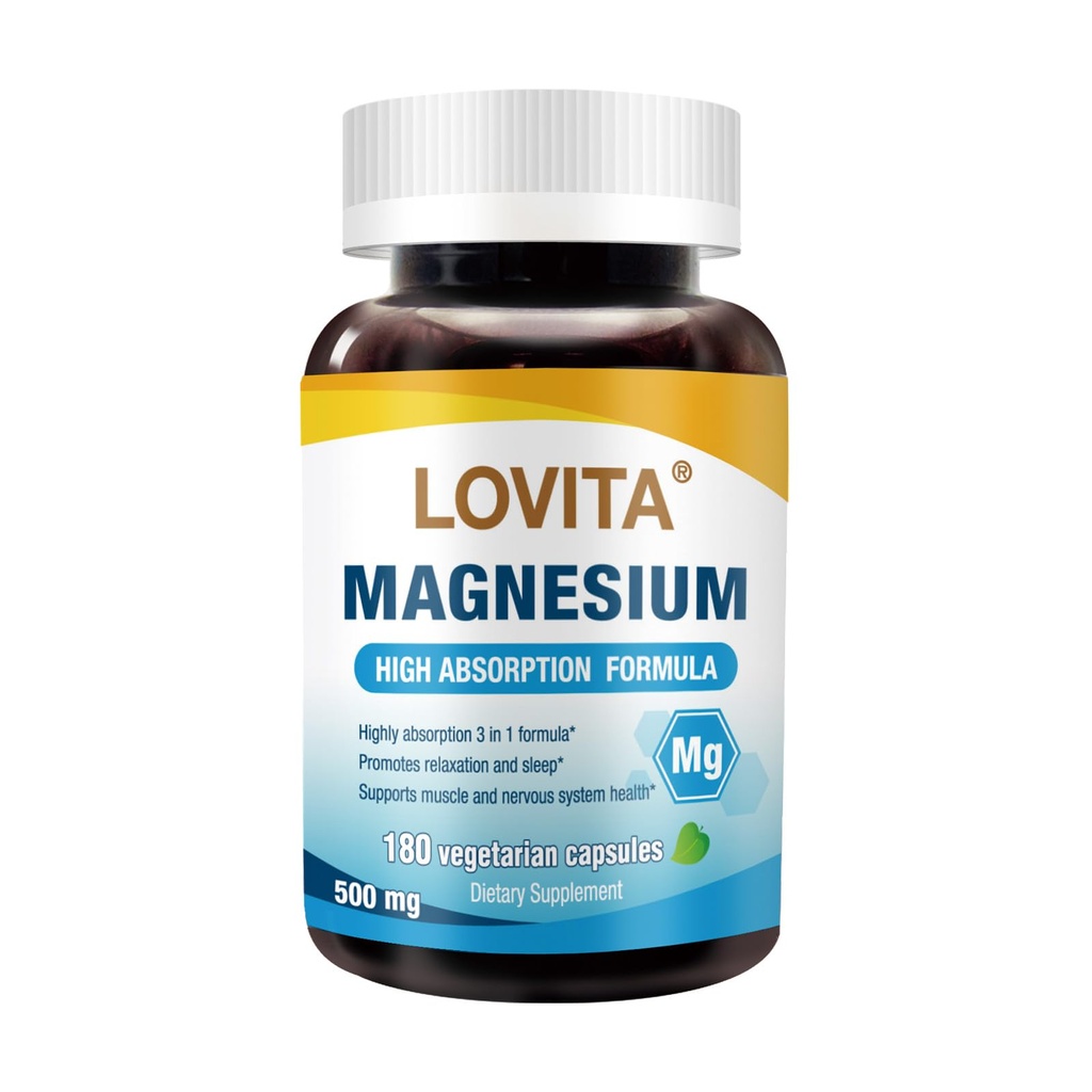 Lovita Triple Magnesium Complex 500mg, Υψηλής Απορρόφησης και Δύναμης Φόρμουλα, Γλυκινικό, Κιτρικό & Οξείδιο, Υποστήριξη Ύπνος, Χαλάρωση, Καρδιά, Νεύρα & Υγεία των οστών, 180 Κάψουλες Vegan