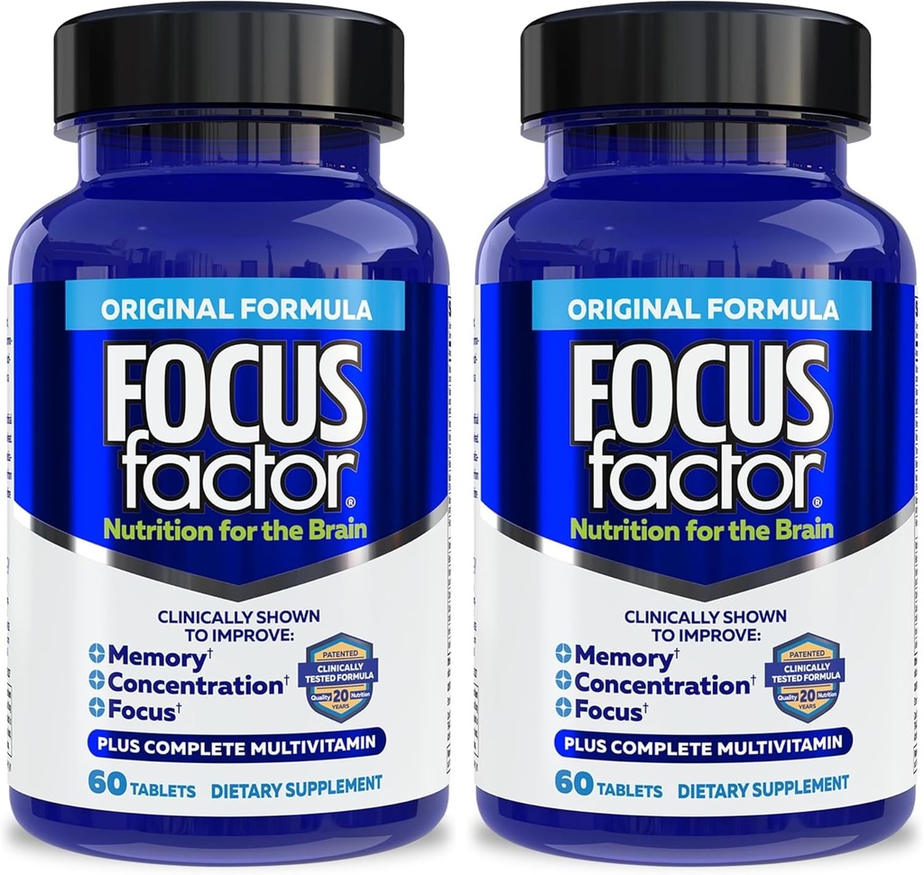 Focus Factor Nutrition for The Brain, Βελτιωμένη Μνήμη & Συμπληρώματα Συγκέντρωσης Εγκεφάλου, Complete Multivitamin with Vitamins B6, B12, D, Bacopa Monnieri & Tyrosine, 60 Count (Pack of 2)