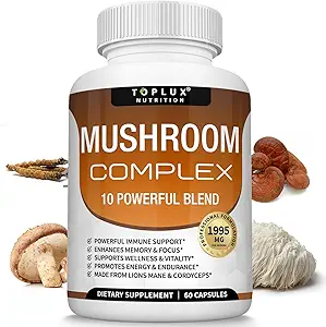 Toplux Mushroom Supplement Lions Mane - Cordyceps Reishi Chaga 10 Organic Mushroom Blend to Support Immune System, Memory, Focus & Clarity and Increase Energy, for Men Women, 60 Capsules